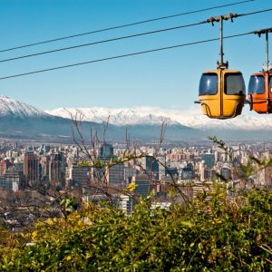 Cable car in San Cristobal hill, overlooking a panoramic view of Santiago de Chile